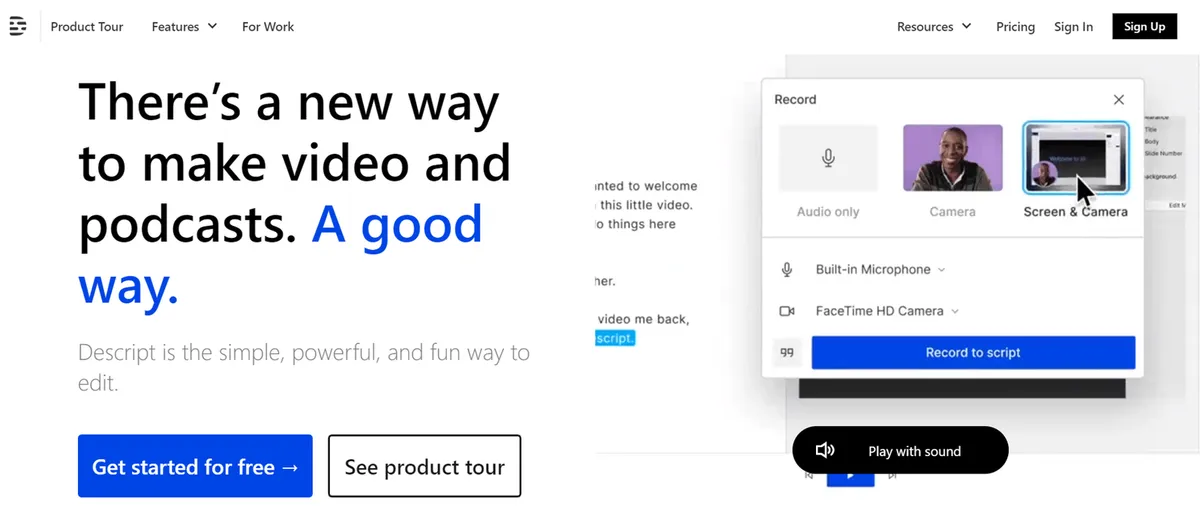 Descript AI video and audio editor homepage