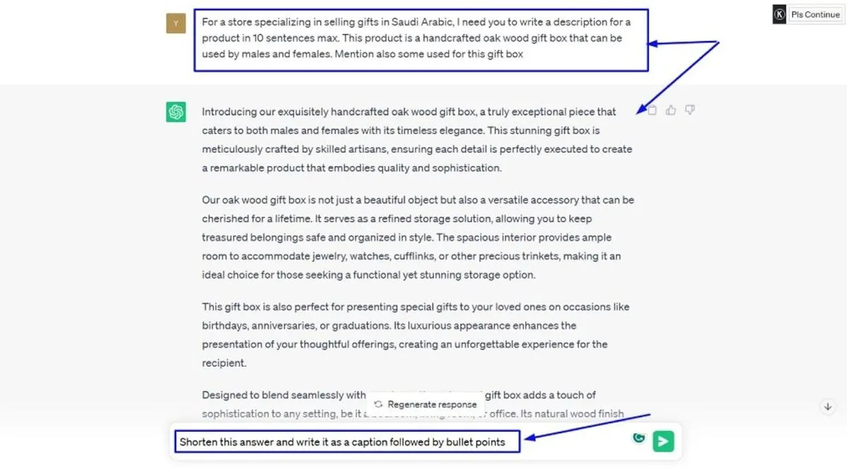 Example ChatGPT prompt and generated product description